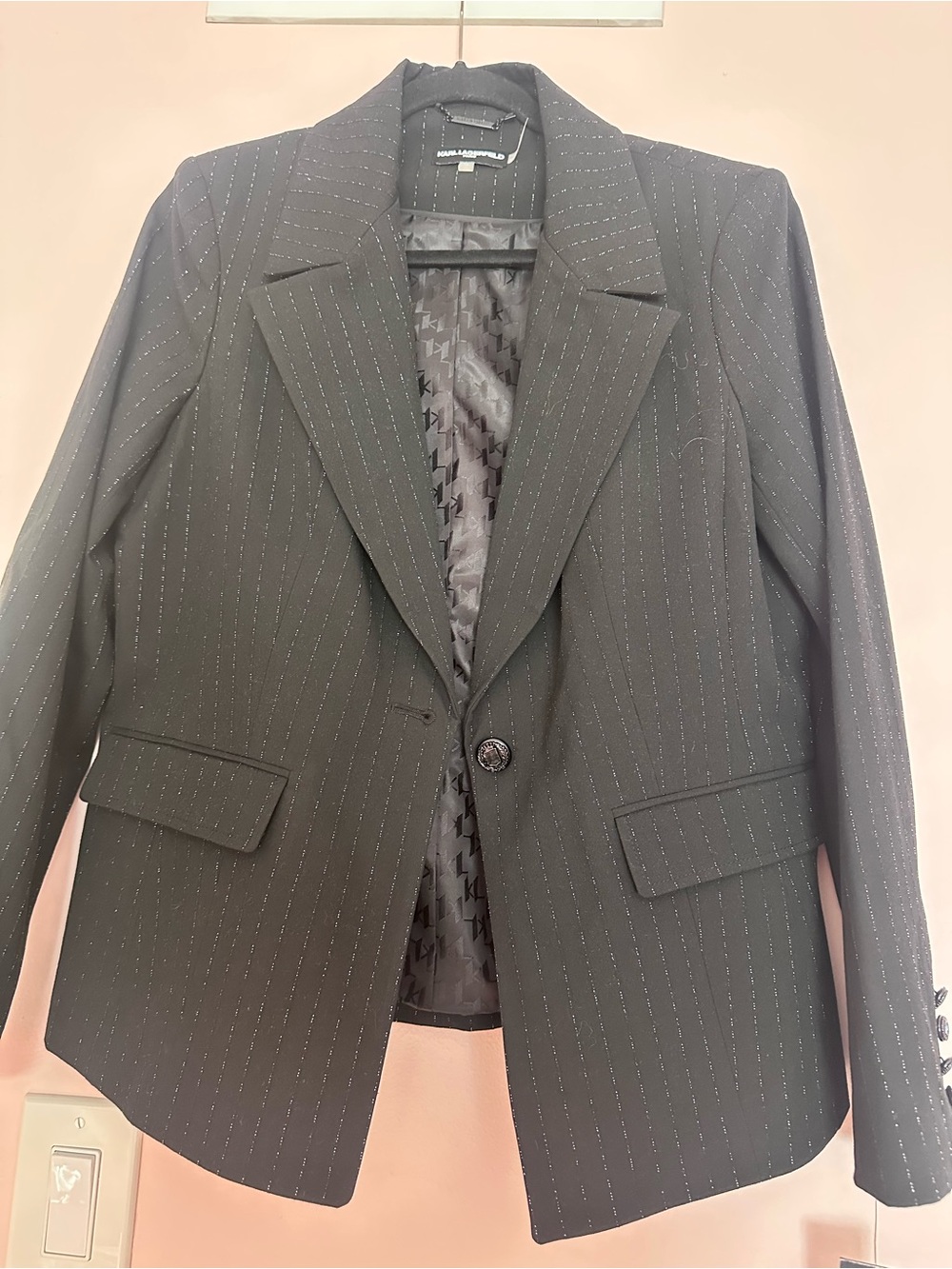 Karl Lagerfeld Black Pinstripe Single-Button Blazer with Silver size 16 nwt